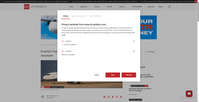 Security scan screenshot of https://www.ch-aviation.com/news/160592-croatias-trade-air-to-consolidate-foresees-market-slowdown