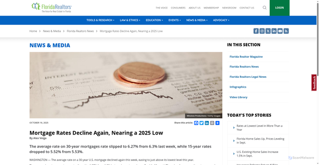 Security scan screenshot of https://www.floridarealtors.org/news-media/news-articles/2025/10/mortgage-rates-decline-again-nearing-2025-low