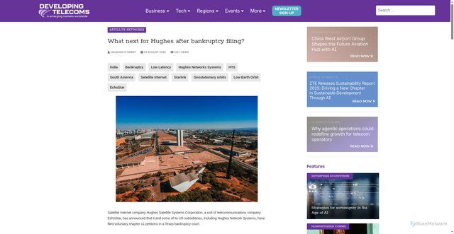 Security scan screenshot of https://developingtelecoms.com/telecom-technology/satellite-communications-networks/20623-what-next-for-hughes-after-bankruptcy-filing.html