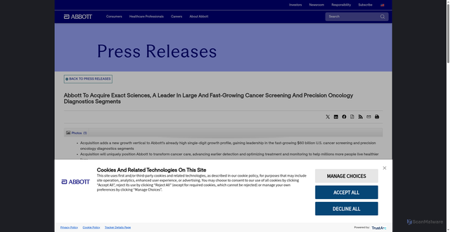 Security scan screenshot of https://abbott.mediaroom.com/2025-11-20-Abbott-to-acquire-Exact-Sciences,-a-leader-in-large-and-fast-growing-cancer-screening-and-precision-oncology-diagnostics-segments