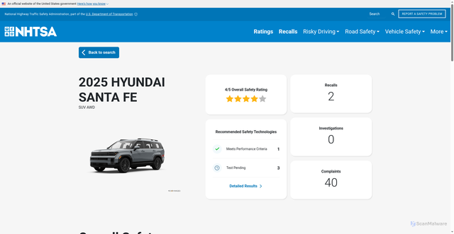 Security scan screenshot of https://www.nhtsa.gov/vehicle/2025/HYUNDAI/SANTA%20FE/SUV/AWD