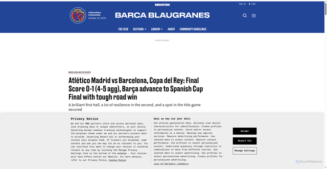 Security scan screenshot of https://www.barcablaugranes.com/2025/4/2/24398212/atletico-madrid-barcelona-copa-del-rey-semi-final-2nd-leg-final-score-match-report-recap-reactions