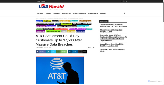 Security scan screenshot of https://usaherald.com/att-settlement-could-pay-customers-up-to-7500-after-massive-data-breaches/