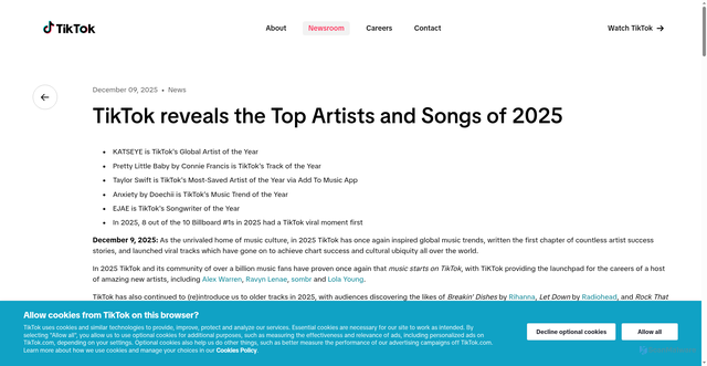 Security scan screenshot of https://newsroom.tiktok.com/tiktok-reveals-the-top-artists-and-songs-of-2025?lang=en