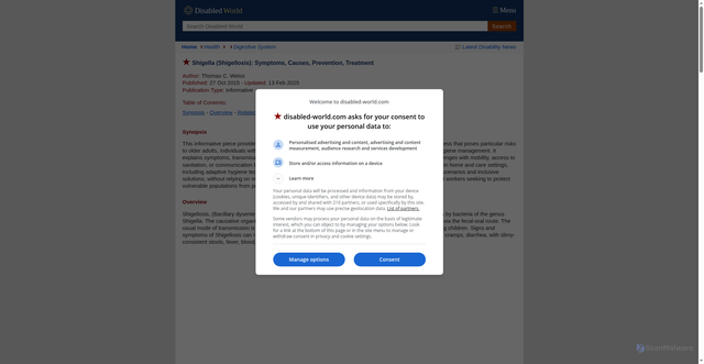 Security scan screenshot of https://www.disabled-world.com/health/digestive/shigella.php