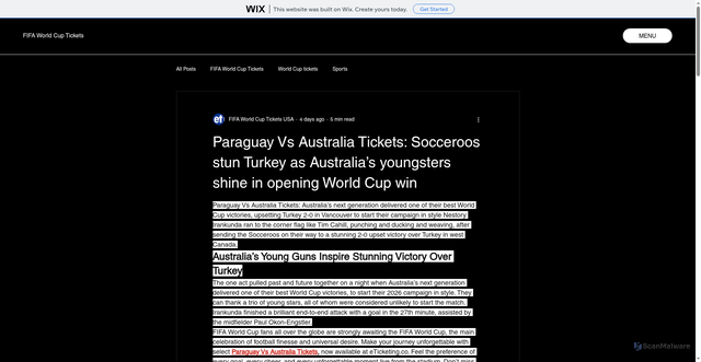 Security scan screenshot of https://fifaworldcupticket.wixsite.com/fifaworldcuptickets/post/paraguay-vs-australia-tickets-socceroos-stun-turkey-as-australia-s-youngsters-shine-in-opening-worl