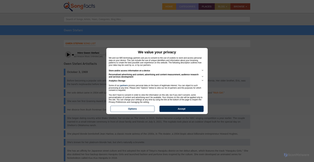 Security scan screenshot of https://www.songfacts.com/facts/gwen-stefani