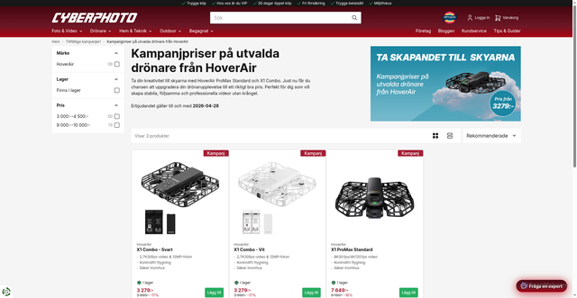 Security scan screenshot of https://www.cyberphoto.se/kampanjer/kampanjpriser-pa-utvalda-dronare-fran-hoverair