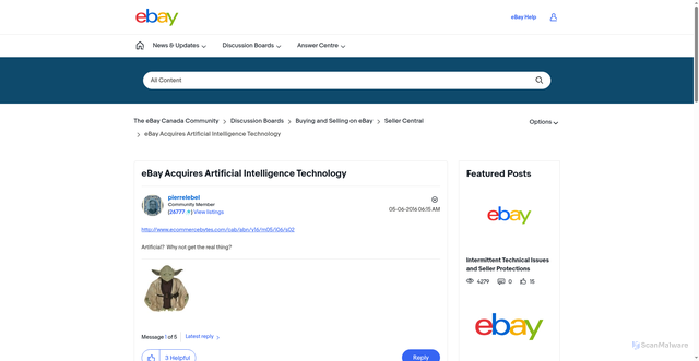 Security scan screenshot of https://community.ebay.ca/t5/Seller-Central/eBay-Acquires-Artificial-Intelligence-Technology/td-p/336967