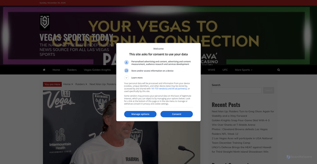 Security scan screenshot of https://vegassportstoday.com/next-man-up-raiders-turn-to-greg-olson-again-for-stability-and-a-way-forward/