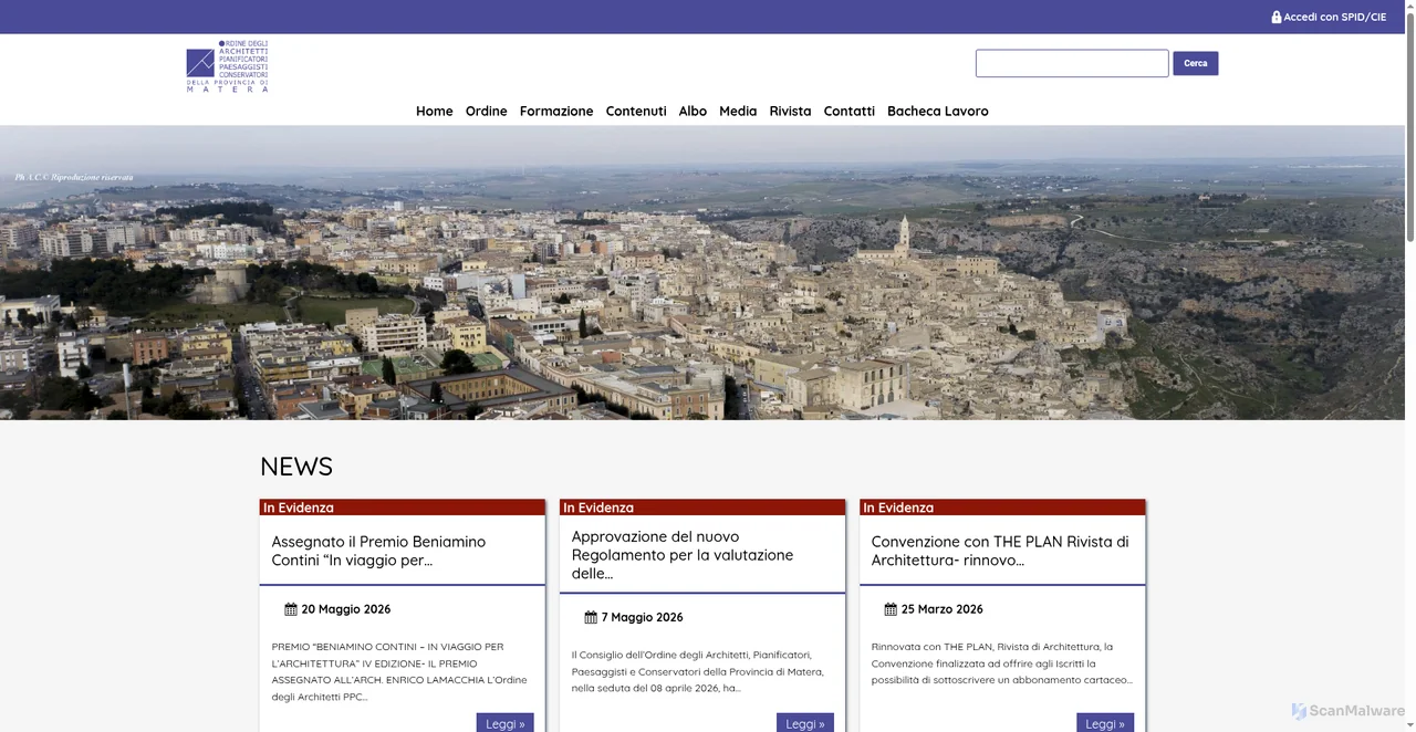 Security scan screenshot of https://www.architettimatera.it