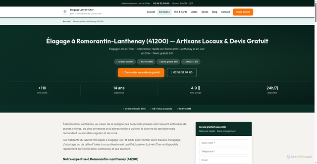 Security scan screenshot of https://elagage-loir-et-cher.fr/elagage-romorantin-lanthenay-41200/