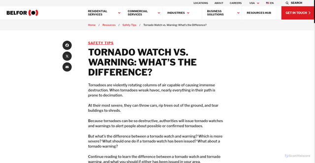 Security scan screenshot of https://www.belfor.com/us/en/resources/tornado-watch-vs-warning-whats-the-difference/