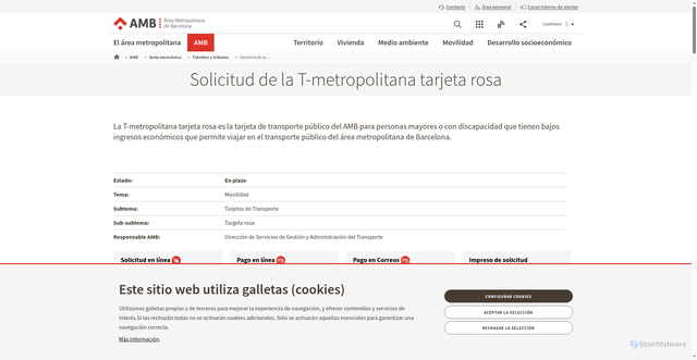 Security scan screenshot of https://www.amb.cat/es/web/amb/seu-electronica/tramits/detall/-/tramit/solicitud-de-la-t-metropolitana-tarjeta-rosa/17176884/11696