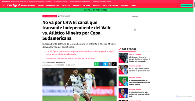 Security scan screenshot of https://redgol.cl/internacional/no-va-por-chv-el-canal-que-transmite-independiente-del-valle-vs-atletico-mineiro-por-copa-sudamericana