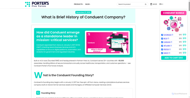 Security scan screenshot of https://portersfiveforce.com/blogs/brief-history/conduent