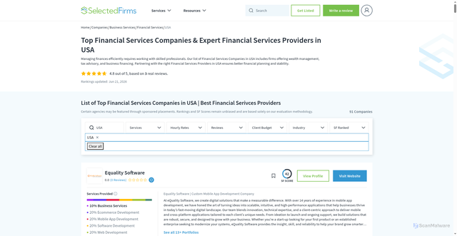 Security scan screenshot of https://selectedfirms.co/companies/financial-services/usa