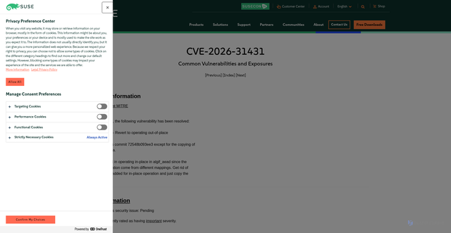 Security scan screenshot of https://www.suse.com/security/cve/CVE-2026-31431.html