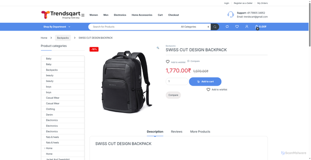 Security scan screenshot of https://trendsqart.com/product/swiss-cut-design-backpack/