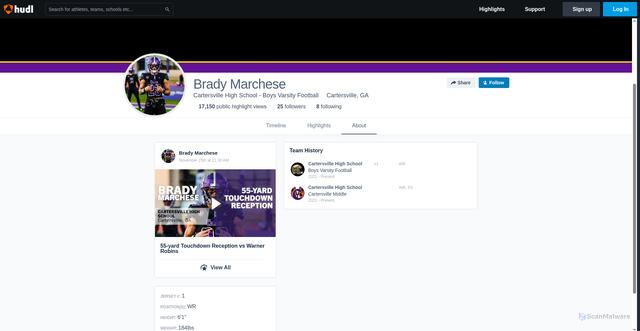 Security scan screenshot of https://gww.hudl.com/profile/16284229/Brady-Marchese/about