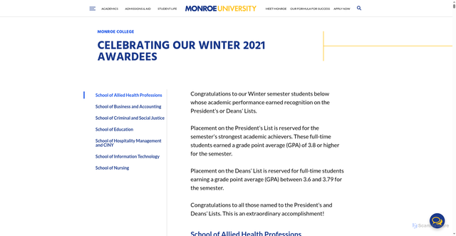 Security scan screenshot of https://www.monroeu.edu/academics/winter-2021-presidents-and-deans-list-awardees