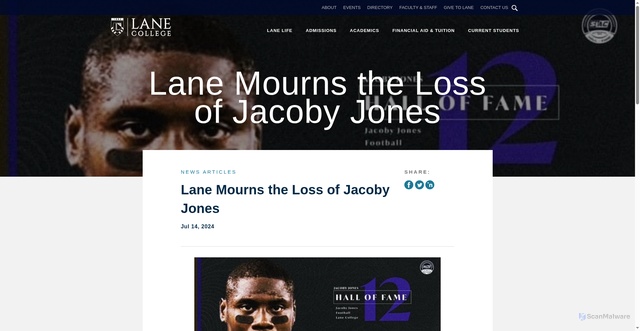 Security scan screenshot of https://www.lanecollege.edu/news/lane-mourns-the-loss-of-jacoby-jones
