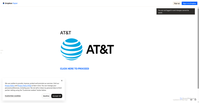 Security scan screenshot of https://www.dropbox.com/scl/fi/r3p8iyvejbppg5qfyahxx/Untitled.paper?rlkey=zh923h6p3do287ojr5l96xmv4&st=m1vl9gvk&dl=0
