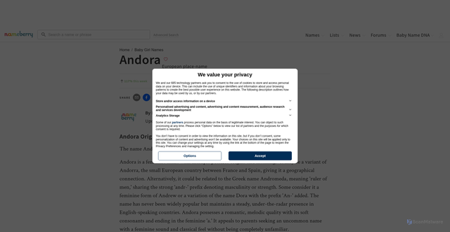 Security scan screenshot of https://nameberry.com/b/girl-baby-name-andora