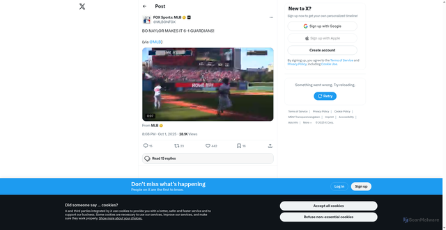 Security scan screenshot of https://twitter.com/MLBONFOX/status/1973480269396238557