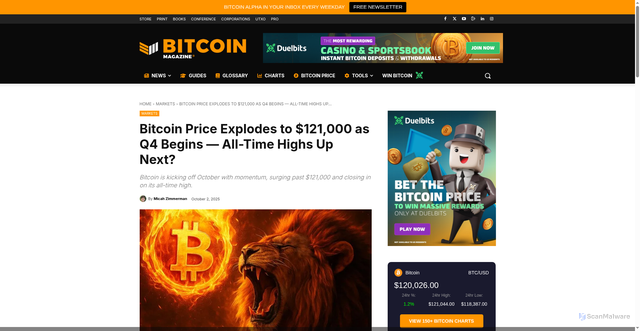 Security scan screenshot of https://bitcoinmagazine.com/markets/bitcoin-price-tops-121000-all-time-highs-up-next