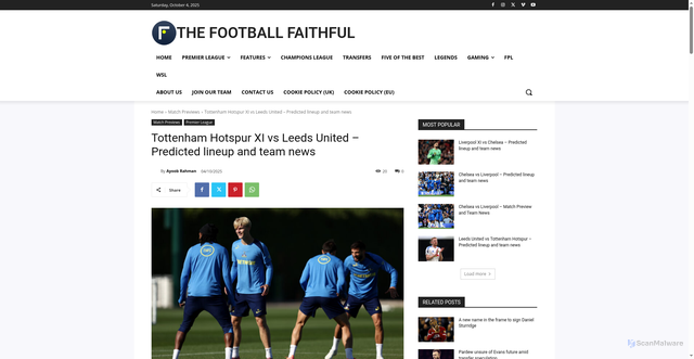 Security scan screenshot of https://thefootballfaithful.com/tottenham-hotspur-xi-vs-leeds-united-predicted-lineup-and-team-news/