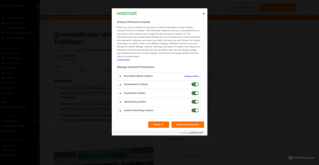 Security scan screenshot of https://seekingalpha.com/article/4810934-quantumscape-stock-q2-undervalued-trailblazer