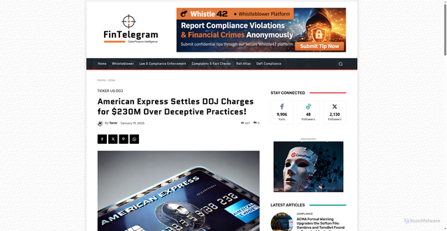 Security scan screenshot of https://fintelegram.com/american-express-settles-doj-charges-for-230m-over-deceptive-practices/