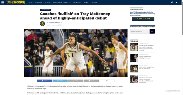 Security scan screenshot of https://umhoops.com/2025/11/01/coaches-bullish-on-trey-mckenney-ahead-of-highly-anticipated-debut/