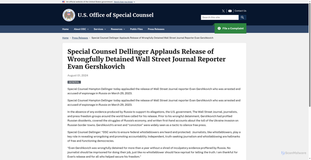 Security scan screenshot of https://www.osc.gov/news/2024-08-01/special-counsel-dellinger-applauds-release-of-wrongfully-detained-wall-street-journal-reporter-evan-gershkovich/