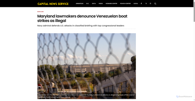Security scan screenshot of https://cnsmaryland.org/2025/12/04/maryland-lawmakers-denounce-venezuelan-boat-strikes-as-illegal/