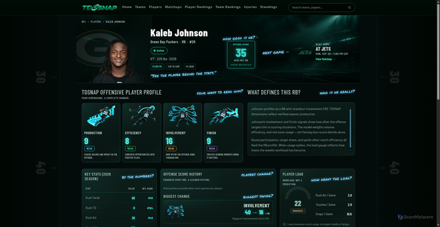 Security scan screenshot of https://tdsnap.com/nfl/players/green-bay-packers/kaleb-johnson