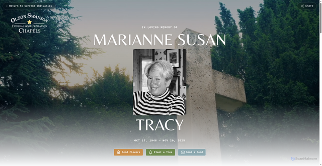 Security scan screenshot of https://www.funeralandcremationservice.com/obituaries/marianne-tracy