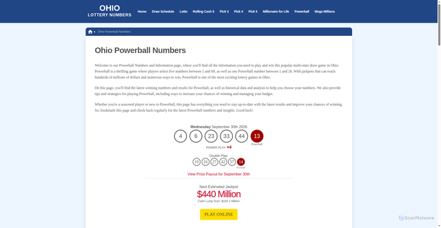 Security scan screenshot of https://ohiolotterylive.com/powerball/