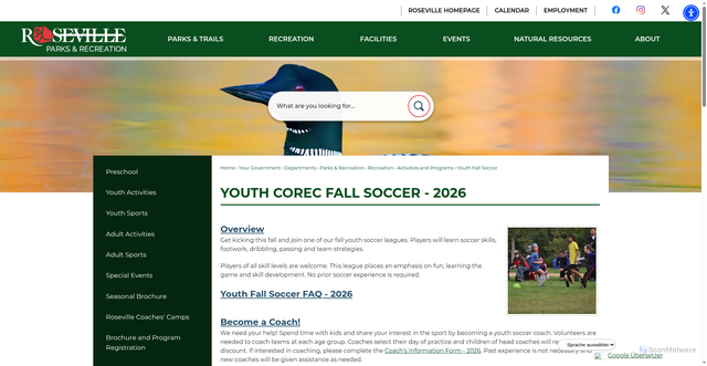 Security scan screenshot of https://www.cityofroseville.com/3572/Youth-Fall-Soccer