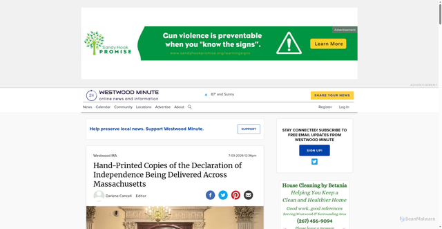 Security scan screenshot of https://westwoodminute.town.news/g/westwood-ma/n/380516/hand-printed-copies-declaration-independence-are-being-delivered-across