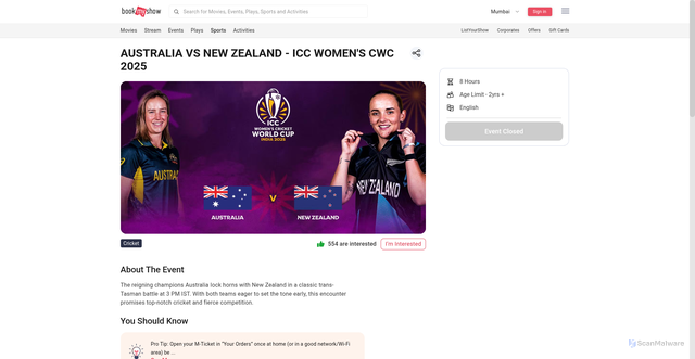 Security scan screenshot of https://in.bookmyshow.com/sports/australia-vs-new-zealand-icc-women-s-cwc-2025/ET00460923