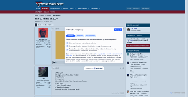 Security scan screenshot of https://forums.superherohype.com/threads/top-10-films-of-2025.562269/
