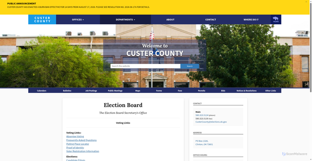 Security scan screenshot of https://custer.okcounties.org/departments/election-board/voting-links