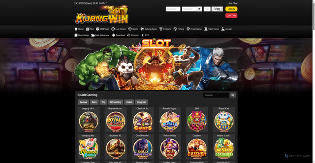 Security scan screenshot of https://ndx-kijangcuan.click/desktop/game/slot/spadegaming