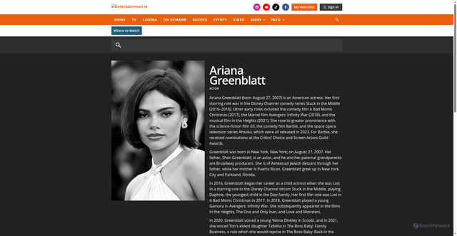 Security scan screenshot of http://www2.ssh.entertainment.ie/person/ariana-greenblatt/