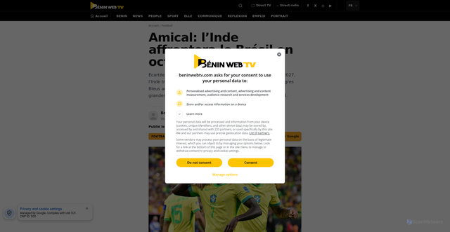 Security scan screenshot of https://beninwebtv.com/amical-linde-affrontera-le-bresil-en-octobre/