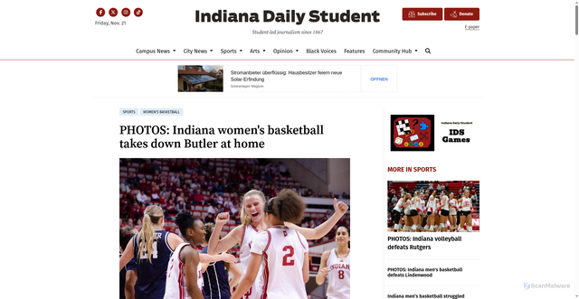 Security scan screenshot of https://www.idsnews.com/article/2025/11/iu-womens-basketball-butler-win