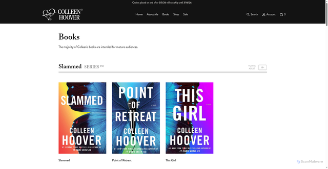 Security scan screenshot of https://www.colleenhoover.com/pages/books
