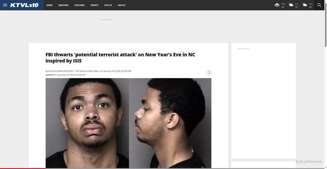 Security scan screenshot of https://ktvl.com/news/nation-world/fbi-thwarts-potential-terrorist-attack-on-new-years-eve-in-nc-inspired-by-isis-islamic-state-christian-sturdivant-charlotte-undercover-agents-knives-hammers-jiad-martyr-grocery-store-restaurant